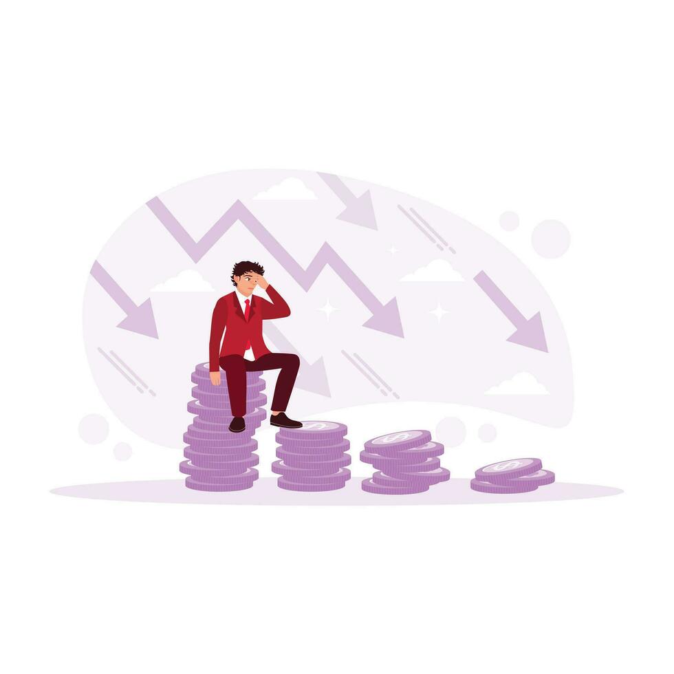 Sad businessman sitting on a pile of coins with a downward arrow. Financial Instability concept. trend modern vector flat illustration