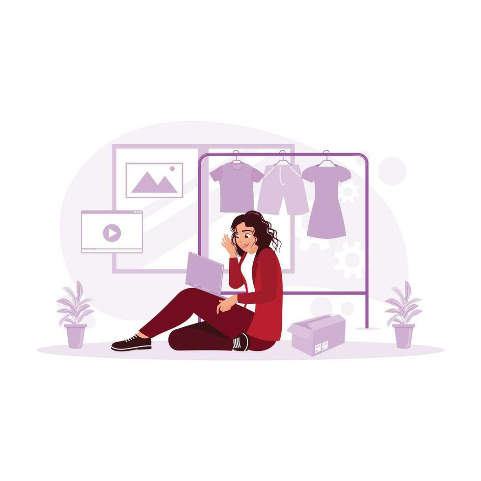 hembra blogger sentado en el piso grabación un vídeo de un colección de ropa en un almacenar. blogger concepto. tendencia moderno vector plano ilustración