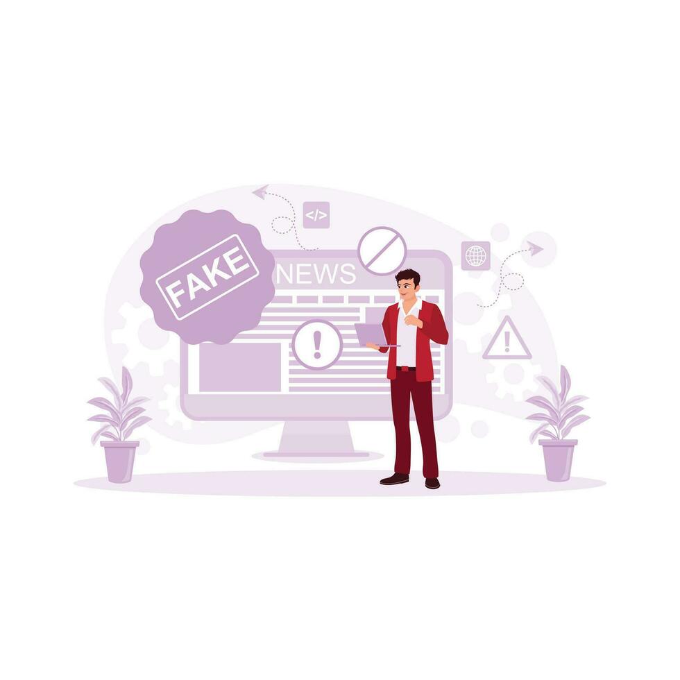 Man holding laptop and searching for information from laptop. Fake disinformation technology is created on TV and in newspapers. Fake News concept.  trend modern vector flat illustration