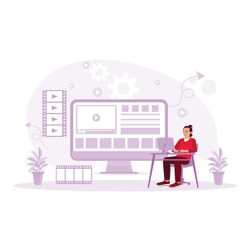 Video editor wearing headphones in the home office while working on post-production for a film. Video Editor concept. trend modern vector flat illustration