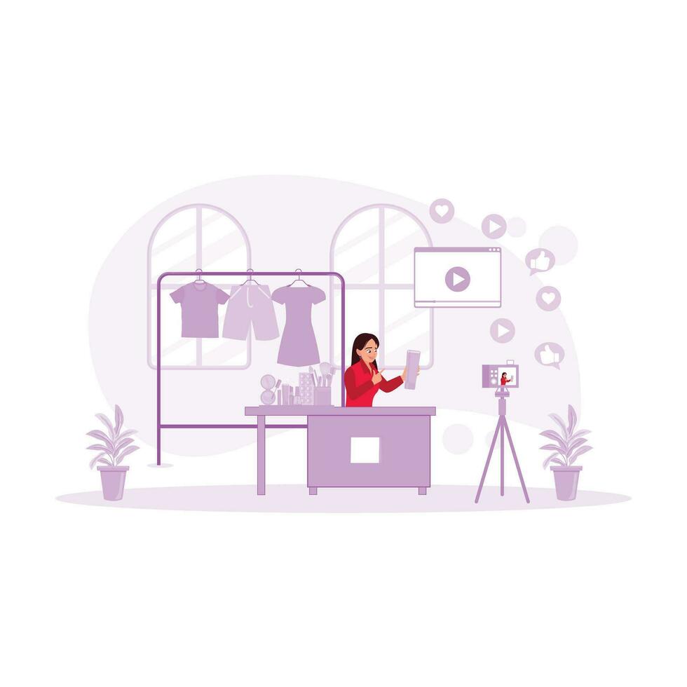 A young female blogger displays cosmetic products while recording a video inside the house. Blogger concept. trend modern vector flat illustration