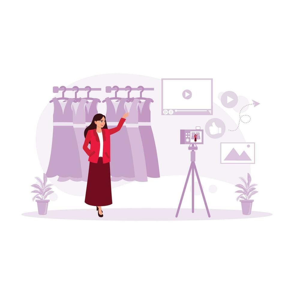 Clothing shop owners market their clothing collections through content on social media. Content Marketing concept. Trend Modern vector flat illustration