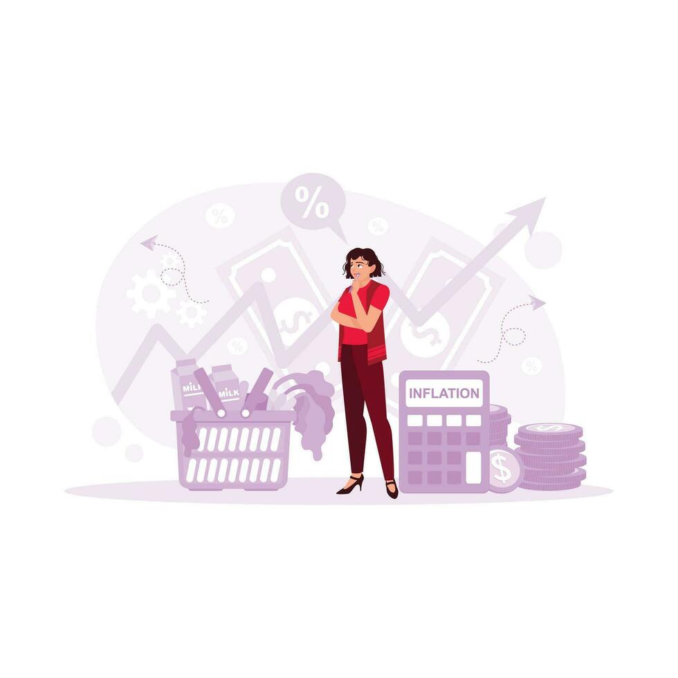 A woman looks panicked after counting shopping items whose prices continue to rise. Inflation concept. trend modern vector flat illustration