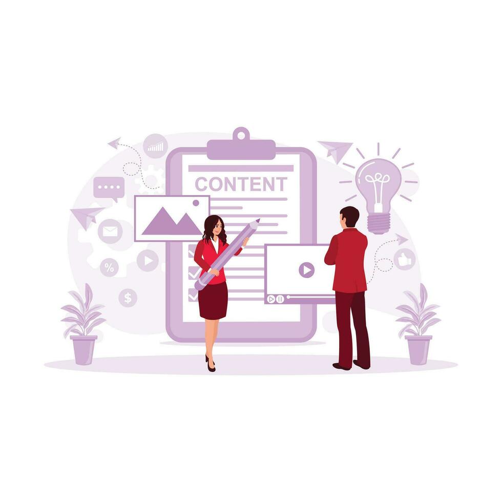 Male and female entrepreneurs create product marketing content directly on social media. Content Marketing concept. Trend Modern vector flat illustration