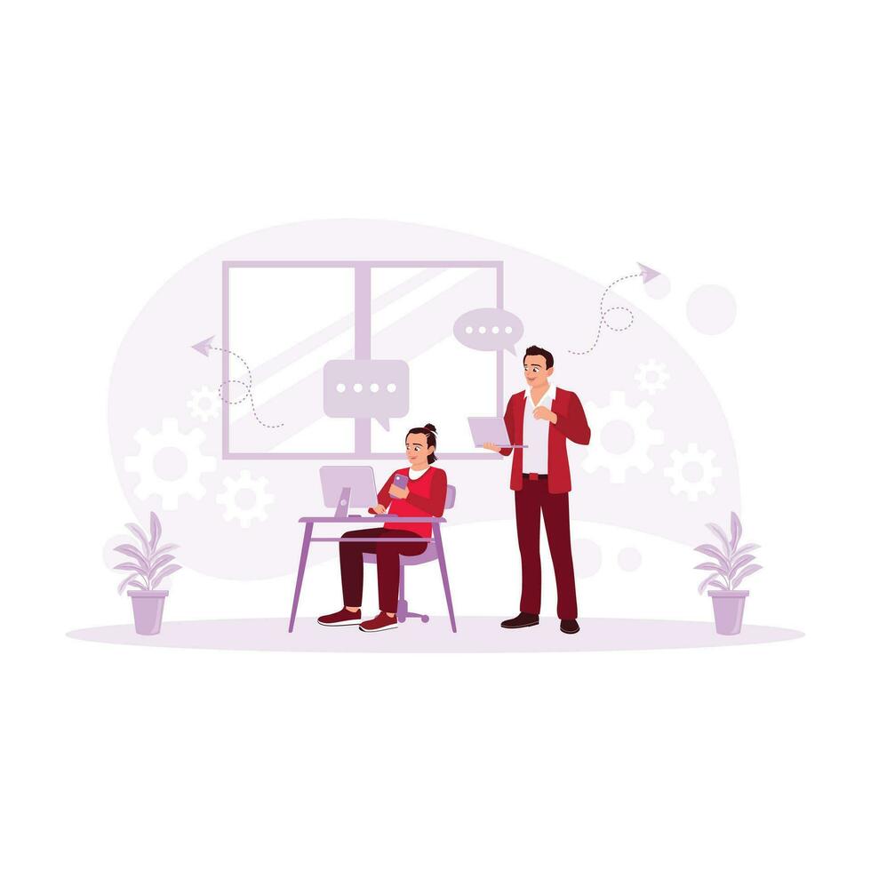 Two male business people are working in front of a computer laptop in the office. Employee Work Concept. Trend Modern vector flat illustration