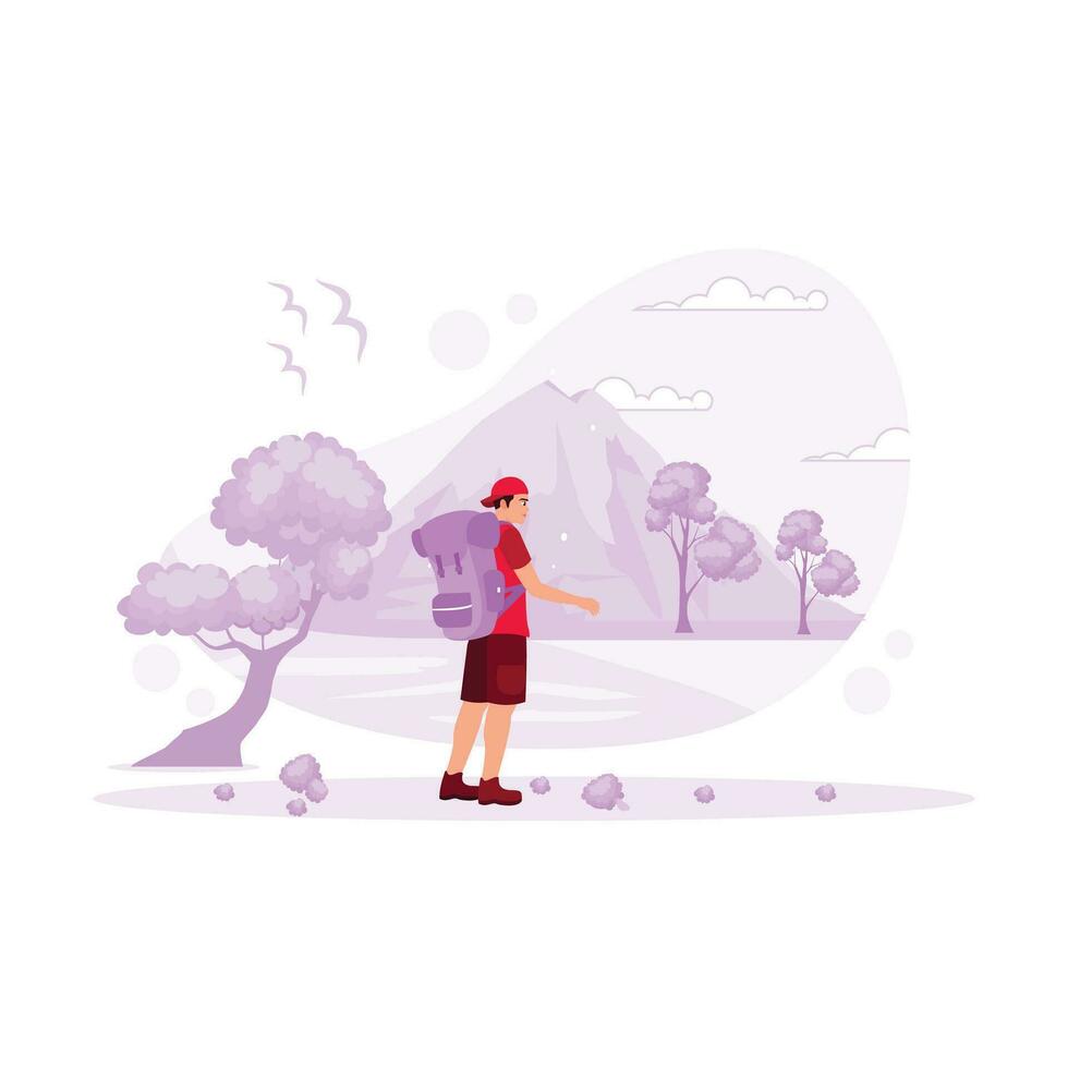 A young traveler with a backpack climbs a mountain with a beautiful view. Hiking Mountain concept. Trend Modern vector flat illustration