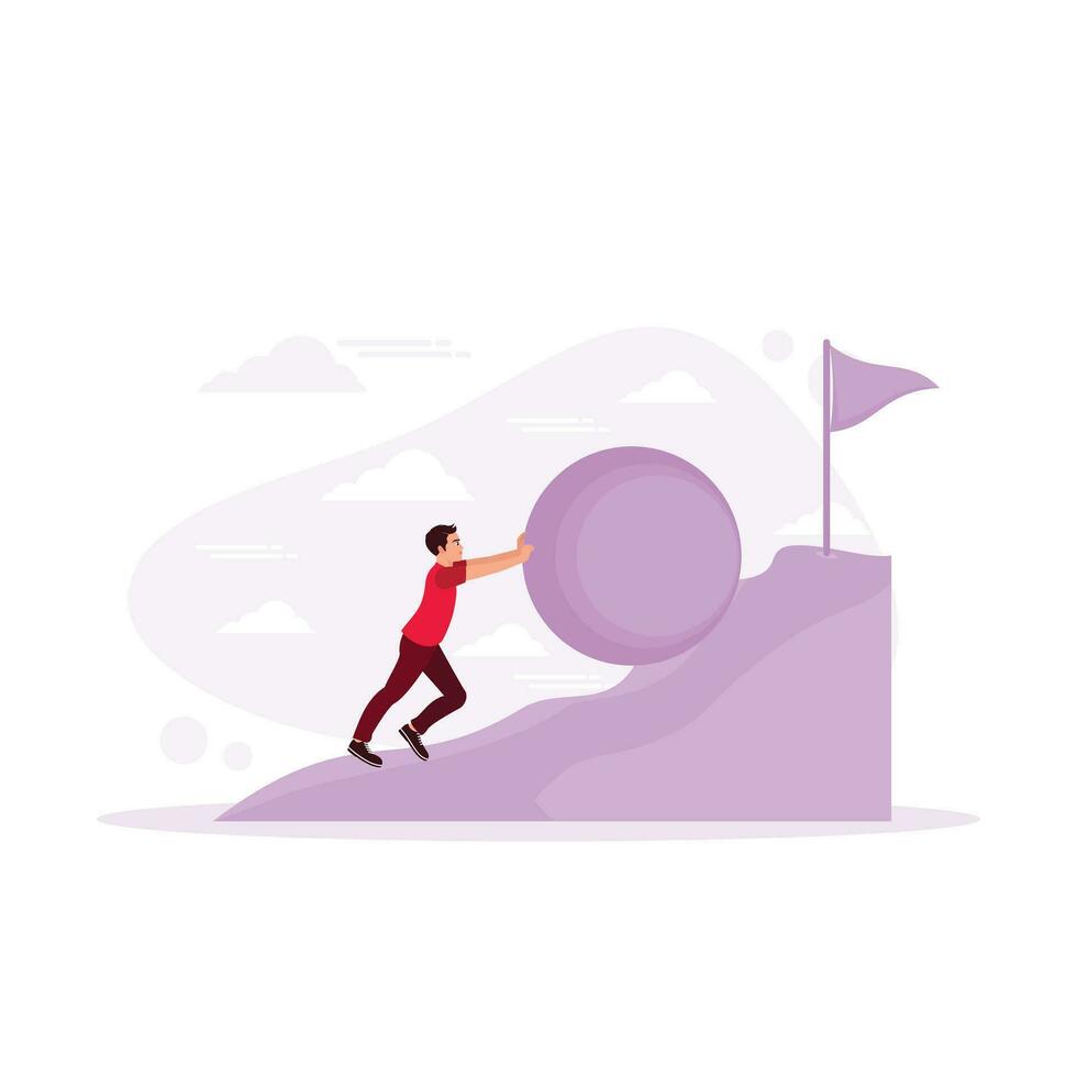 Business people work hard, pushing a load to the finish. Employee growth and motivation concept. In Progress concept. trend modern vector flat illustration