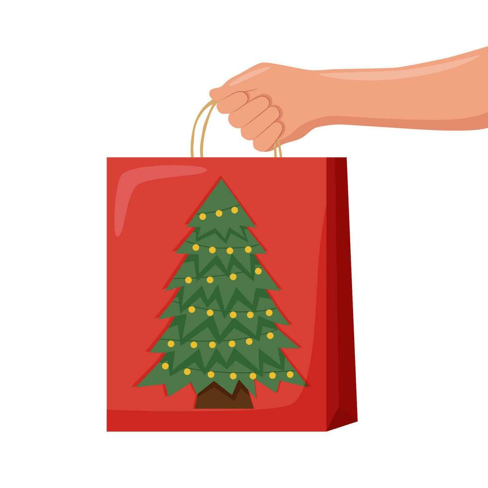 Human hand with Christmas shopping bag vector