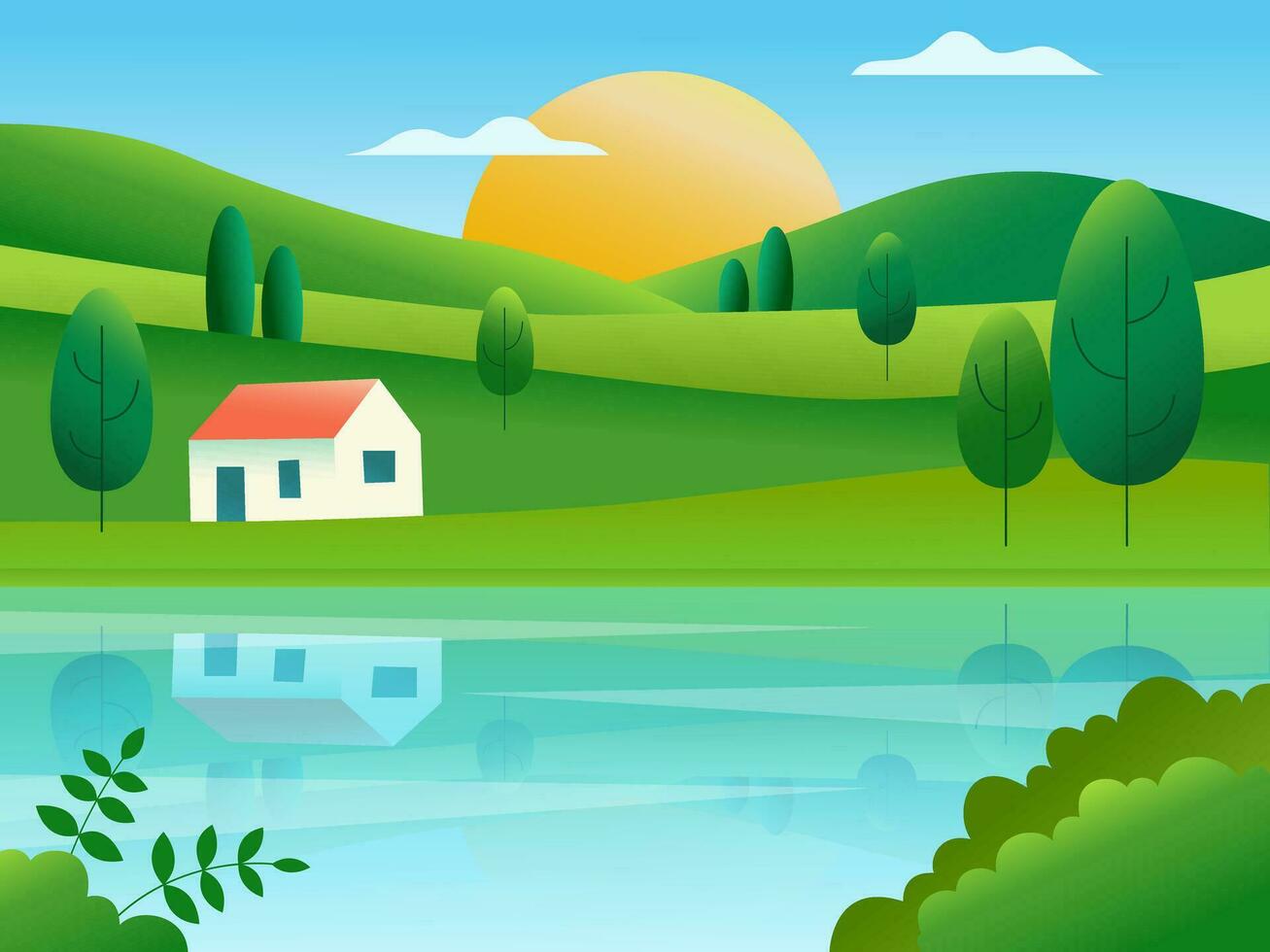 Summer landscape gradient house lake vector