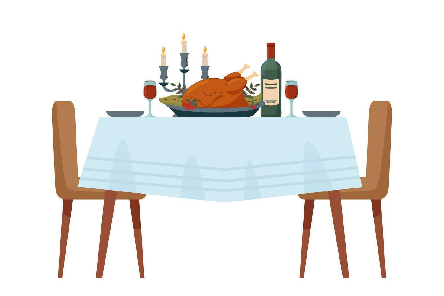 mesa con comida y vino. acción de gracias concepto. vector