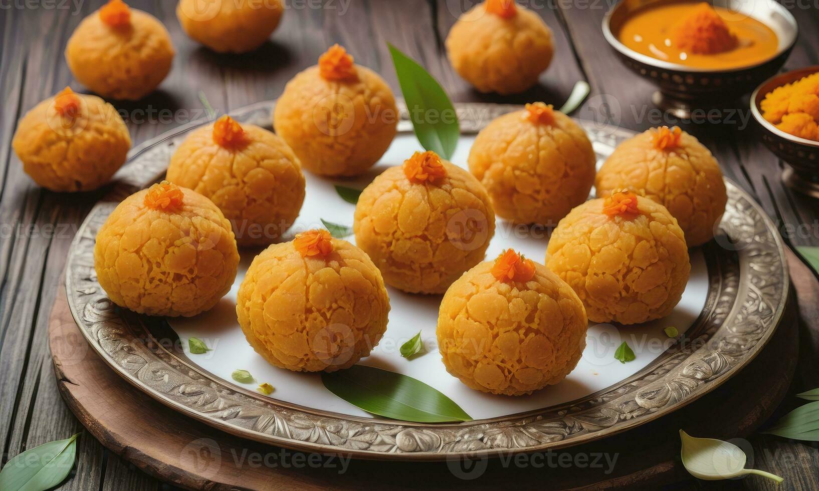 Motichoor laddoo on wooden table Traditional indian dessert photo