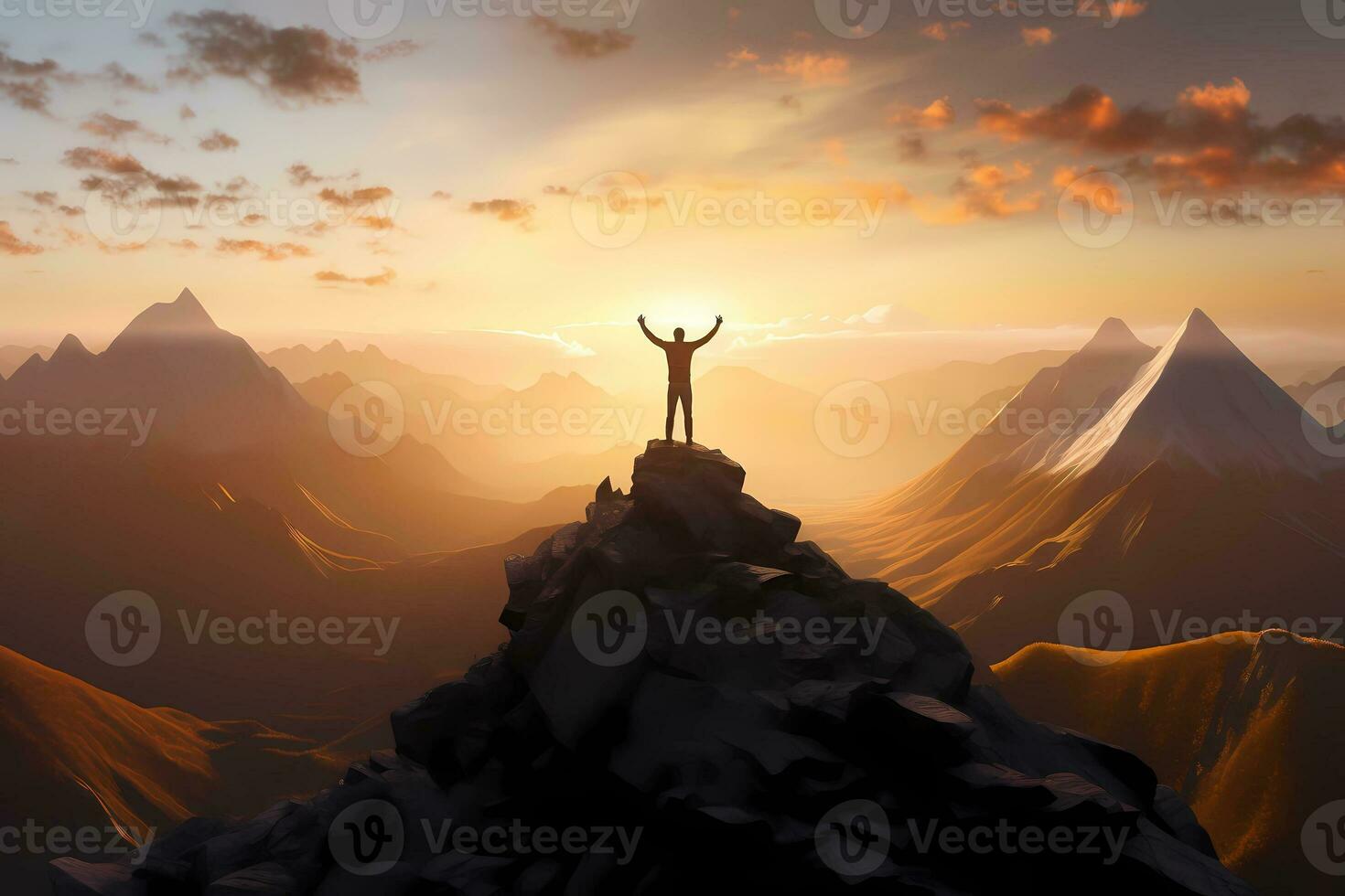 Man standing on top of a cliff at sunset with sunlight watching the beautiful mountain. Achievement success concept. AI Generated photo