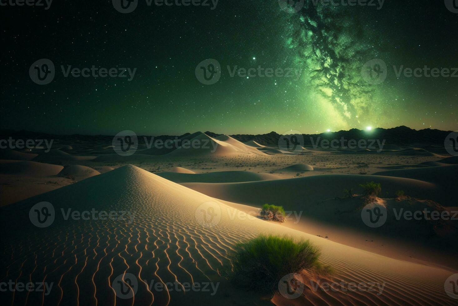 estrellado noche en el Desierto con dunas, oscuro noche cielo con estrellas. lechoso camino terminado el desierto. escénico ver de Desierto en contra cielo a noche. ai generado foto