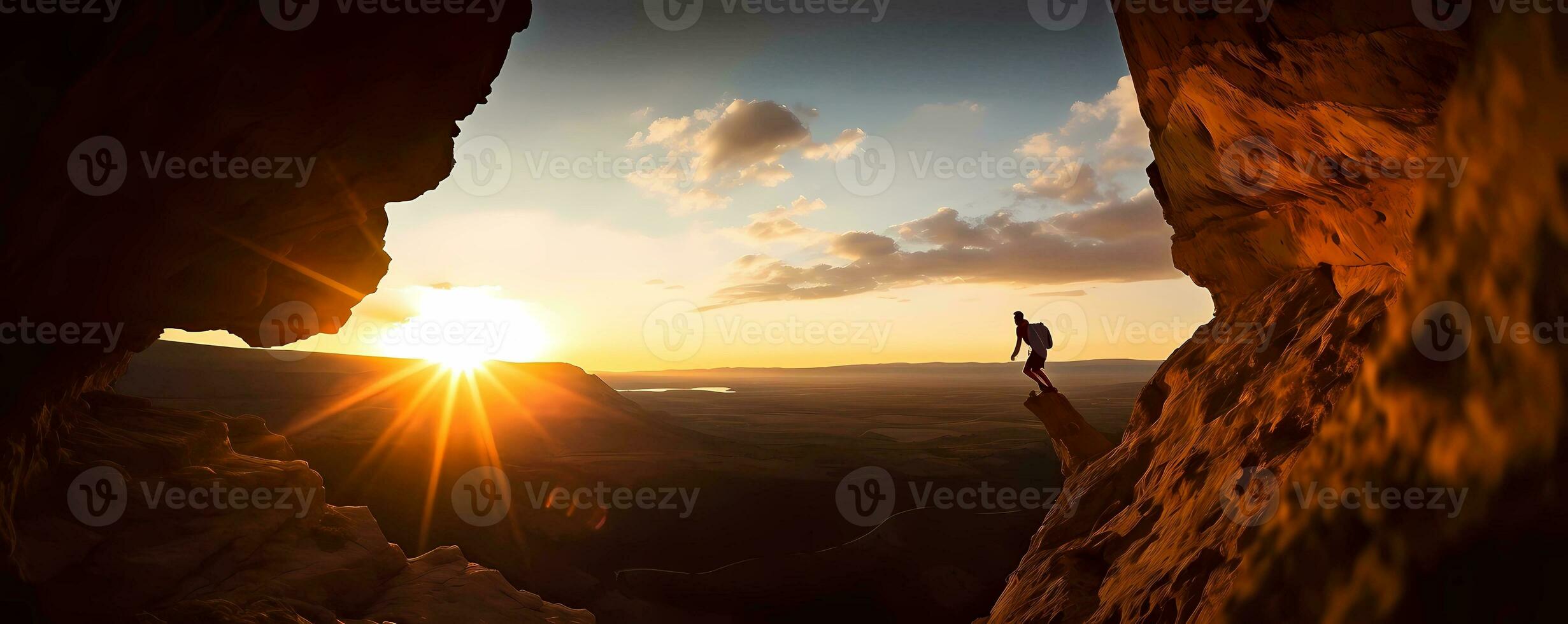 Man climbing a mountain cliff at sunset or dawn. Extreme sport challenge action. Free person with equipment and wires. AI Generated photo