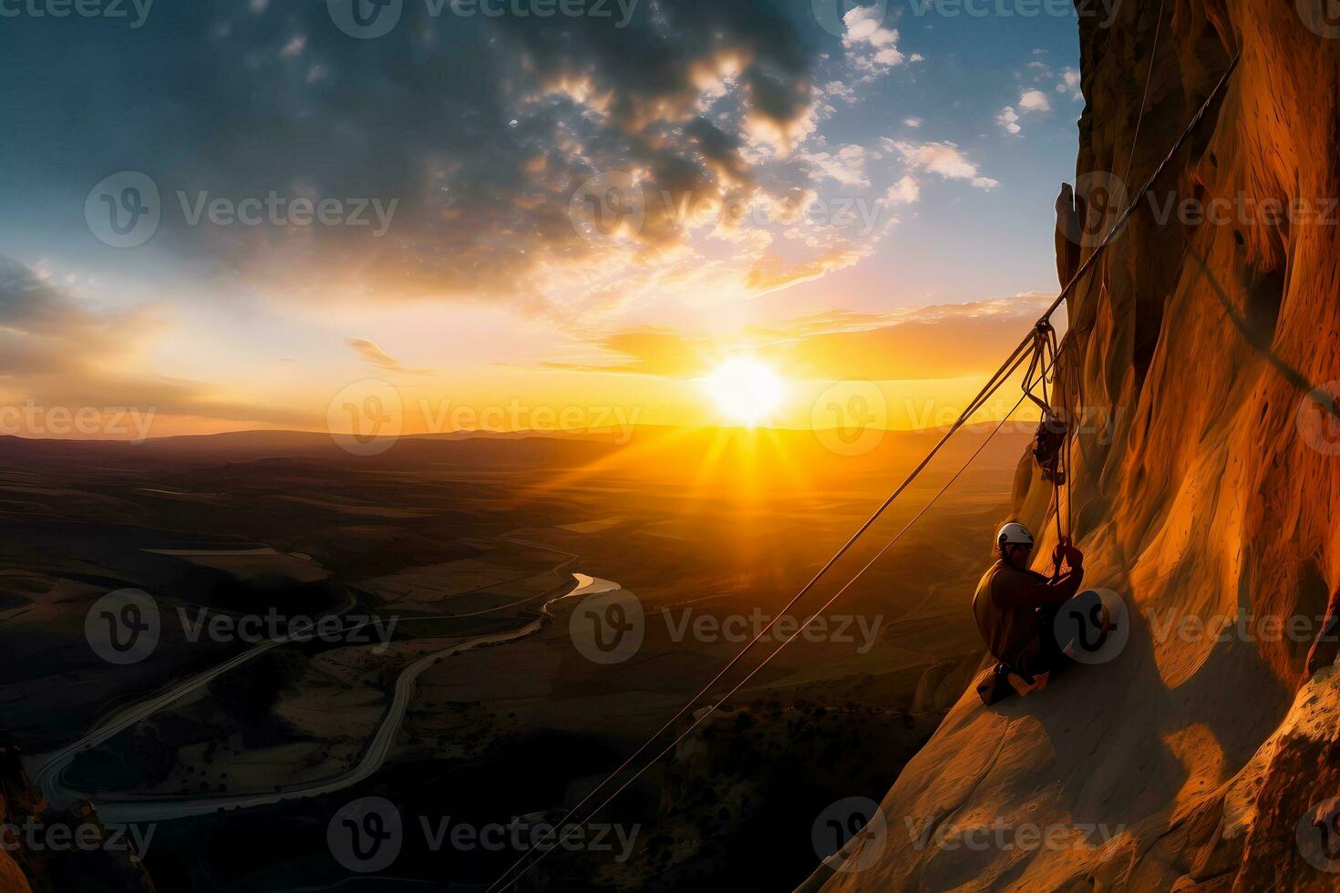 Man climbing a mountain cliff at sunset or dawn. Extreme sport challenge action. Free person with equipment and wires. AI Generated photo