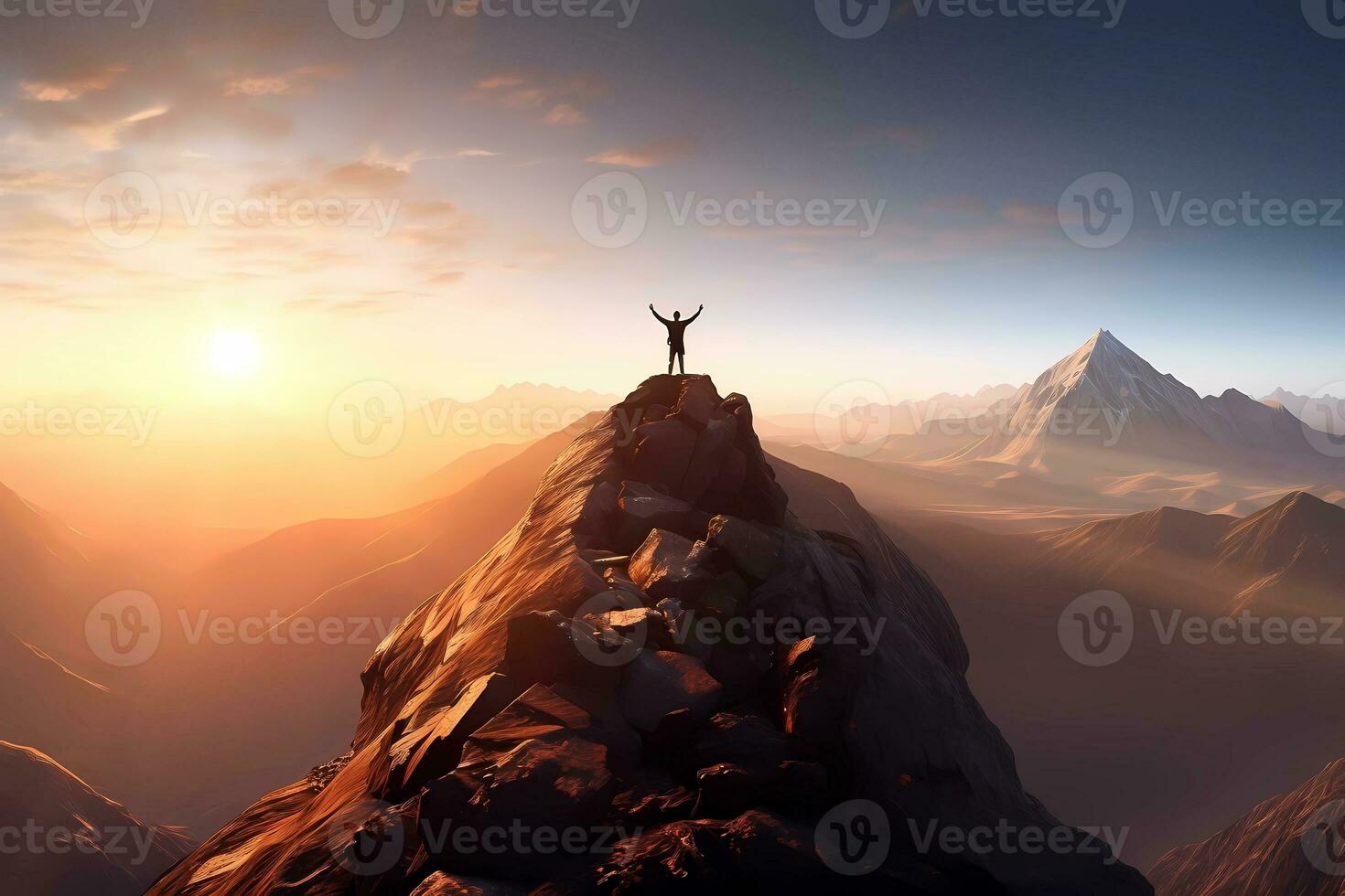 Man standing on top of a cliff at sunset with sunlight watching the beautiful mountain. Achievement success concept. AI Generated photo