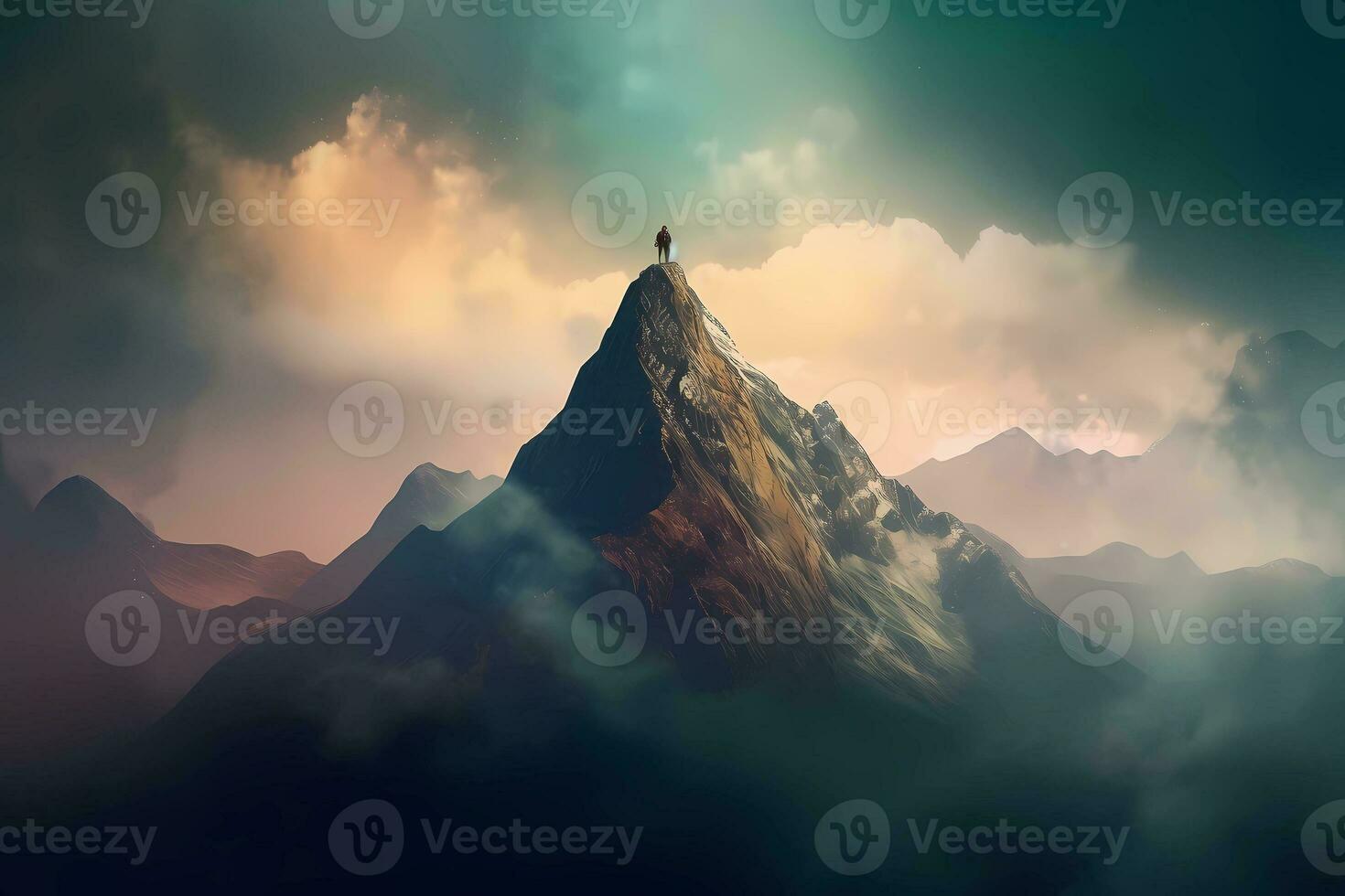 Man standing on top of a cliff at sunset with sunlight watching the beautiful mountain. Achievement success concept. AI Generated photo