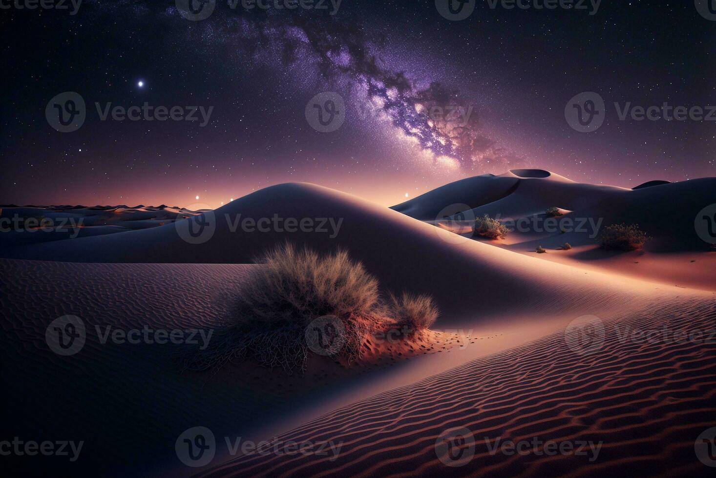 estrellado noche en el Desierto con dunas, oscuro noche cielo con estrellas. lechoso camino terminado el desierto. escénico ver de Desierto en contra cielo a noche. ai generado foto