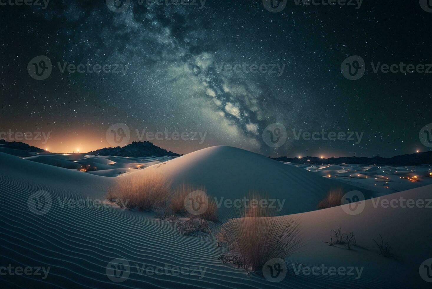 estrellado noche en el Desierto con dunas, oscuro noche cielo con estrellas. lechoso camino terminado el desierto. escénico ver de Desierto en contra cielo a noche. ai generado foto