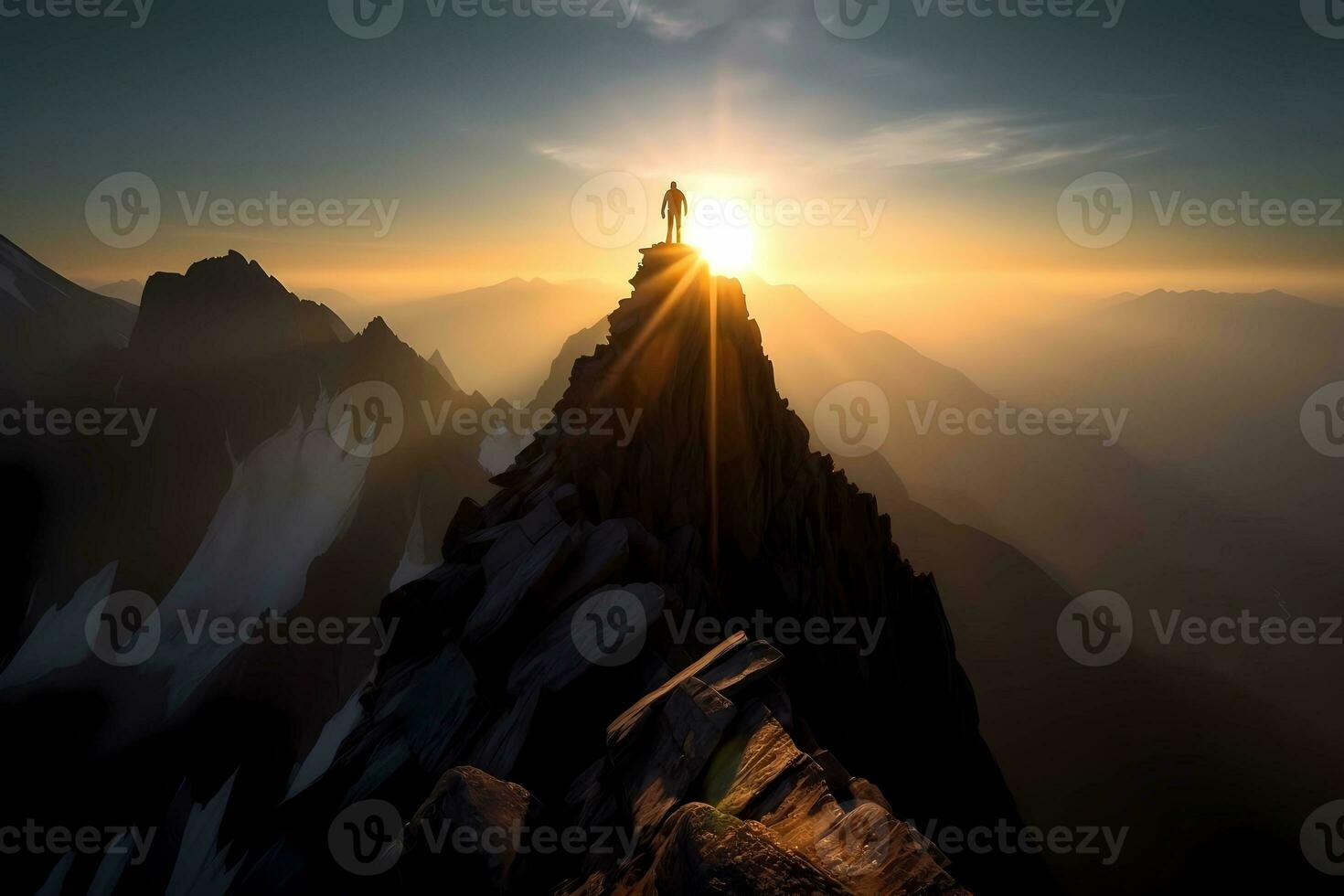 Man standing on top of a cliff at sunset with sunlight watching the beautiful mountain. Achievement success concept. AI Generated photo