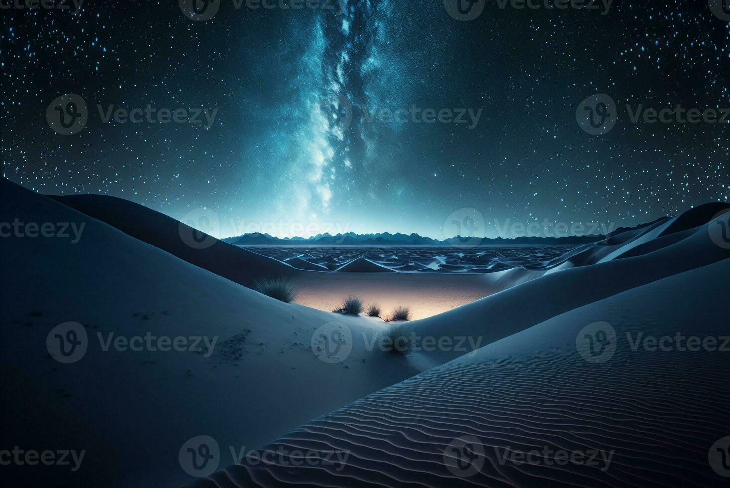 estrellado noche en el Desierto con dunas, oscuro noche cielo con estrellas. lechoso camino terminado el desierto. escénico ver de Desierto en contra cielo a noche. ai generado foto