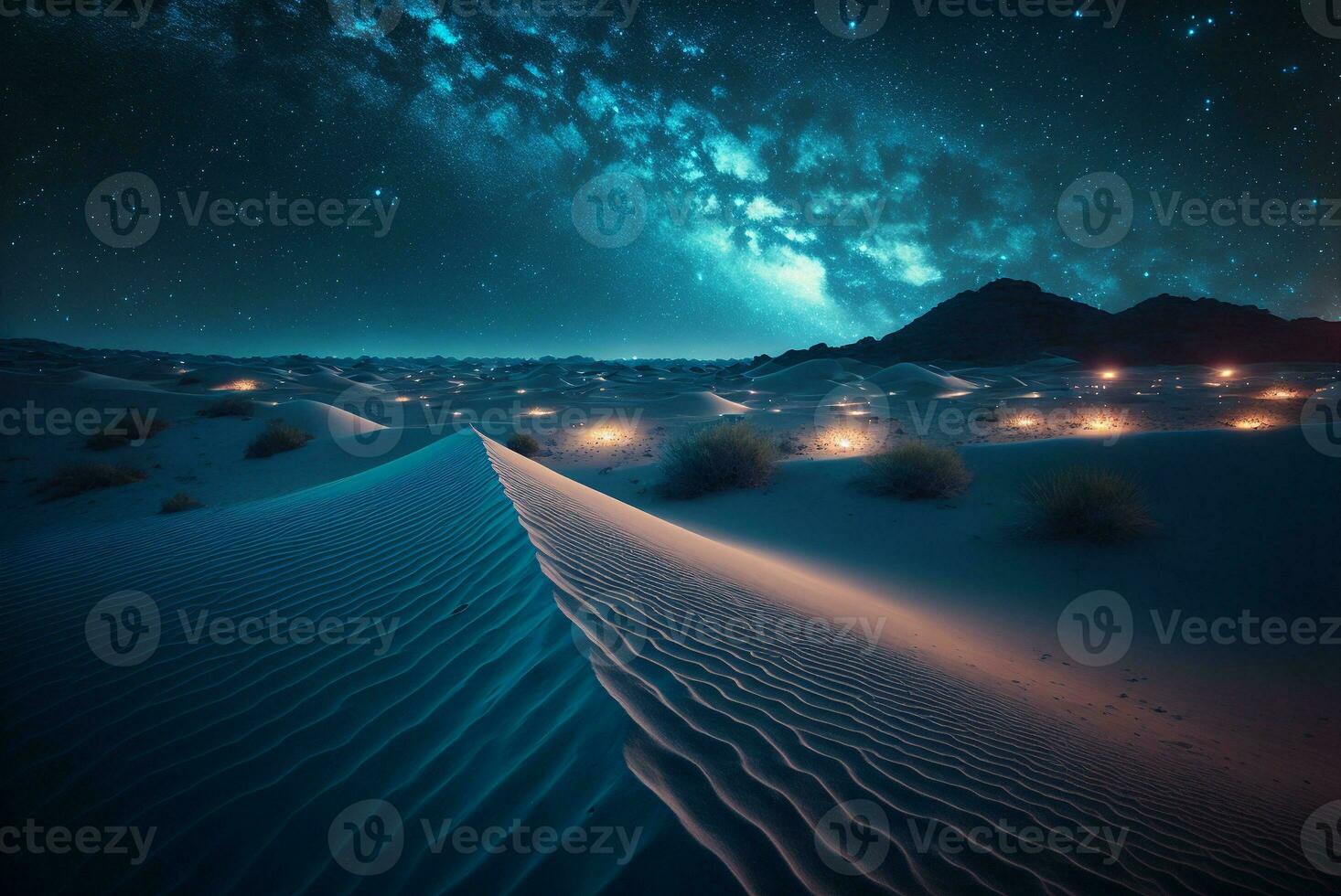 estrellado noche en el Desierto con dunas, oscuro noche cielo con estrellas. lechoso camino terminado el desierto. escénico ver de Desierto en contra cielo a noche. ai generado foto