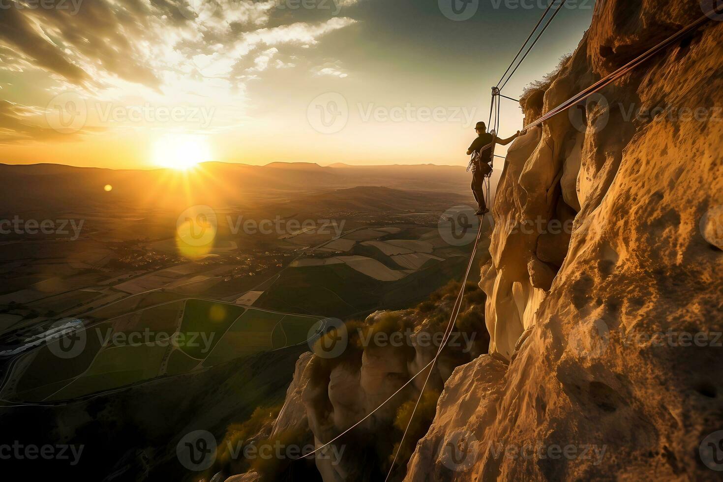 Man climbing a mountain cliff at sunset or dawn. Extreme sport challenge action. Free person with equipment and wires. AI Generated photo