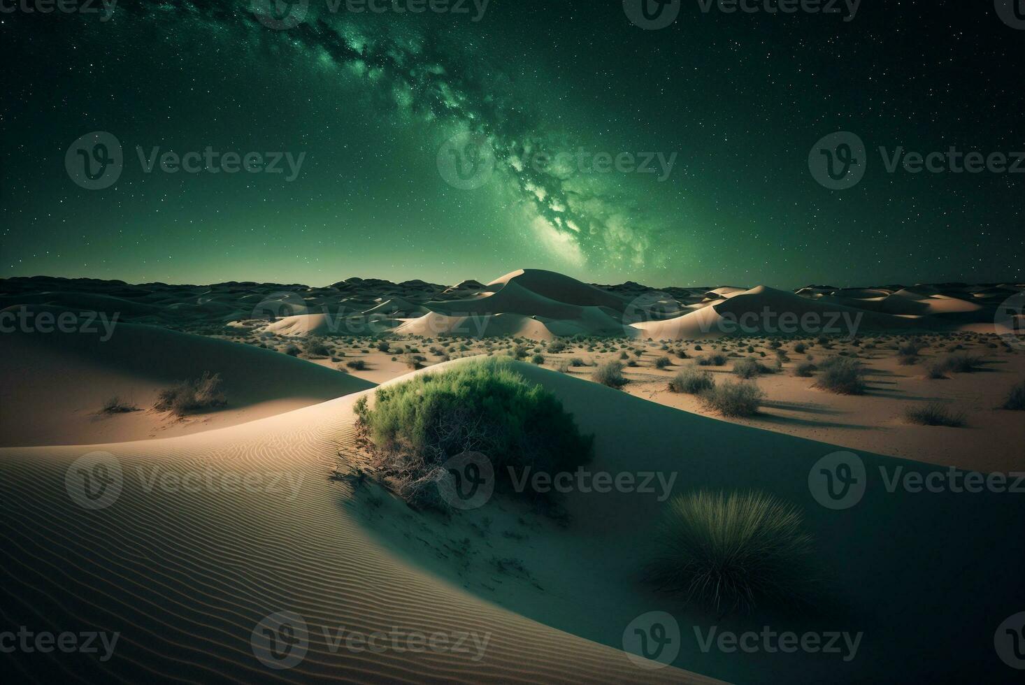 estrellado noche en el Desierto con dunas, oscuro noche cielo con estrellas. lechoso camino terminado el desierto. escénico ver de Desierto en contra cielo a noche. ai generado foto