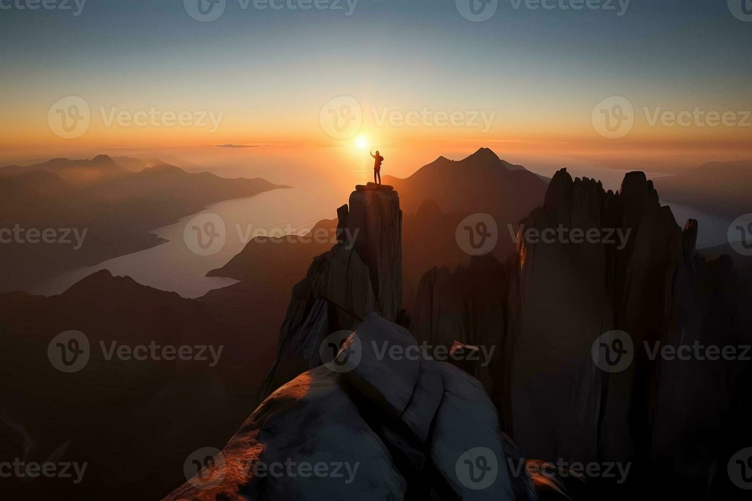 hombre en pie en parte superior de un acantilado a puesta de sol con luz de sol acecho el hermosa montaña. logro éxito concepto. ai generado foto