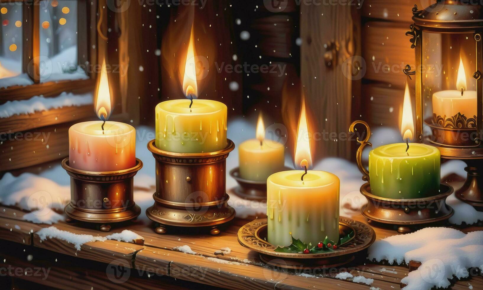 Burning candle Christmas decoration on wooden background photo