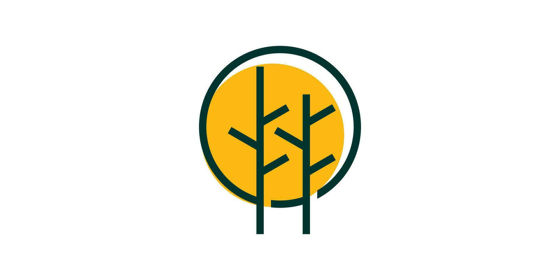 logo design combining the shape of the moon with the silhouette of a tree or forest. vector