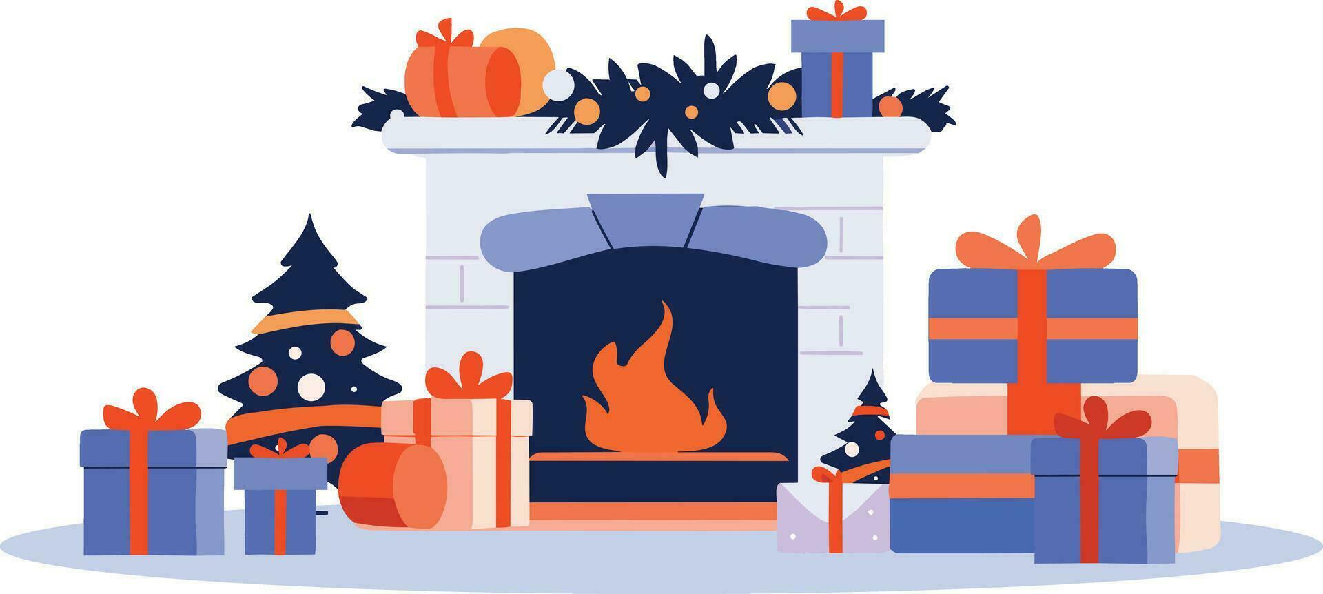 Hand Drawn Fireplace decorated for Christmas in flat style vector