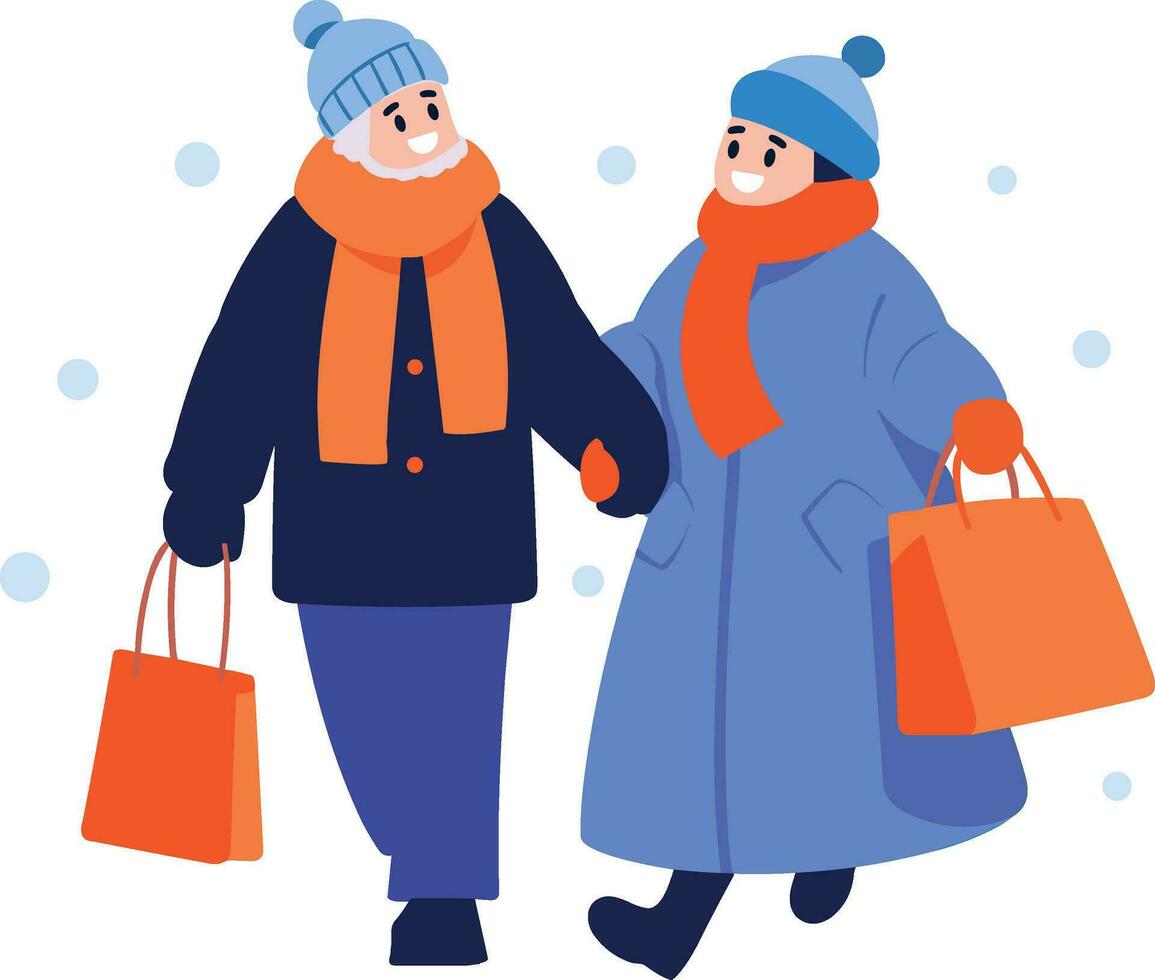 Hand Drawn couple wearing winter clothing walks on a path filled with snow in flat style vector