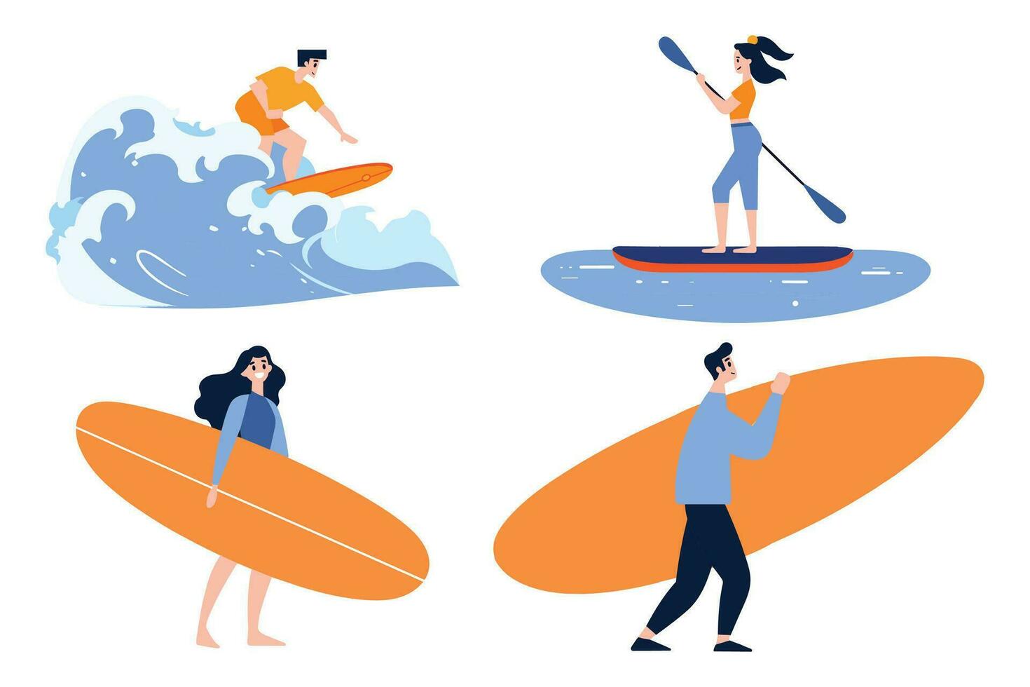 Hand Drawn Tourist teen characters are playing surfboards at the sea in flat style vector