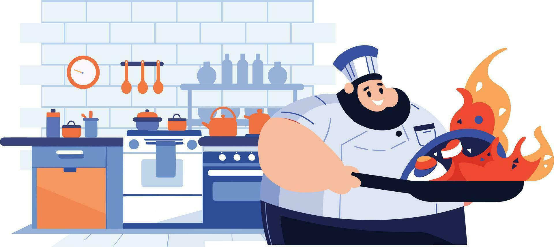 Hand Drawn Chef is cooking in the kitchen in flat style vector