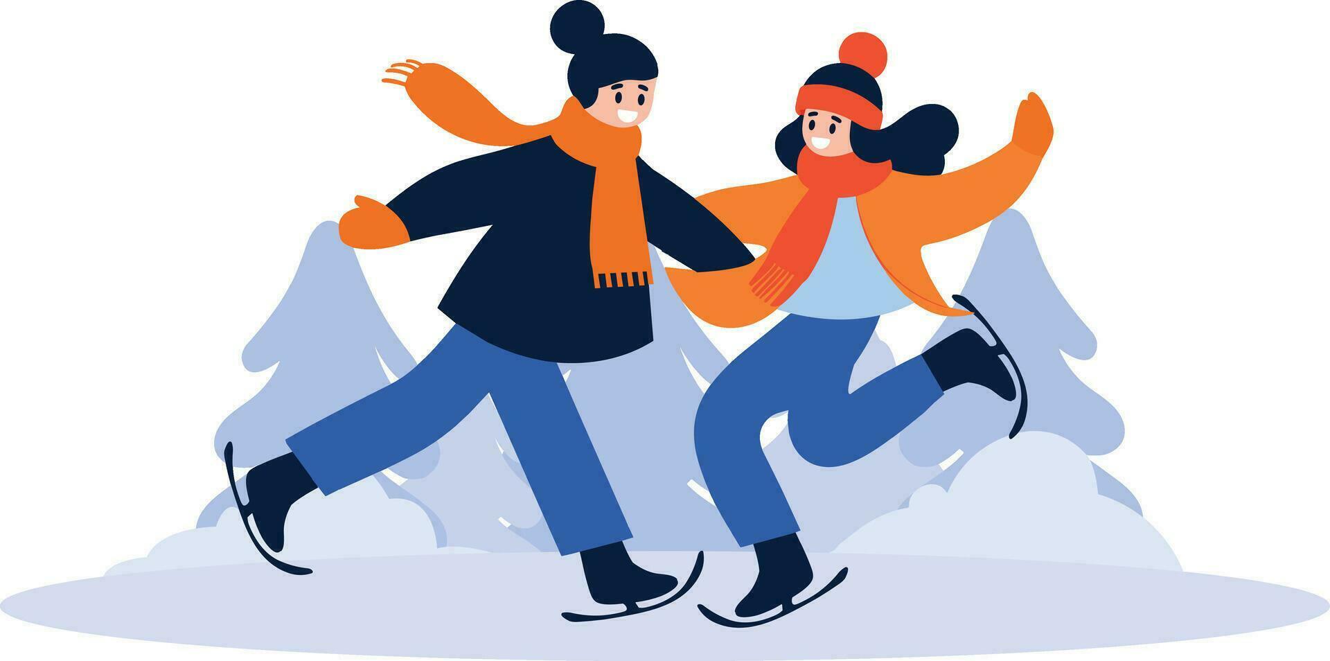 Hand Drawn couple character playing ice skating in winter in flat style vector