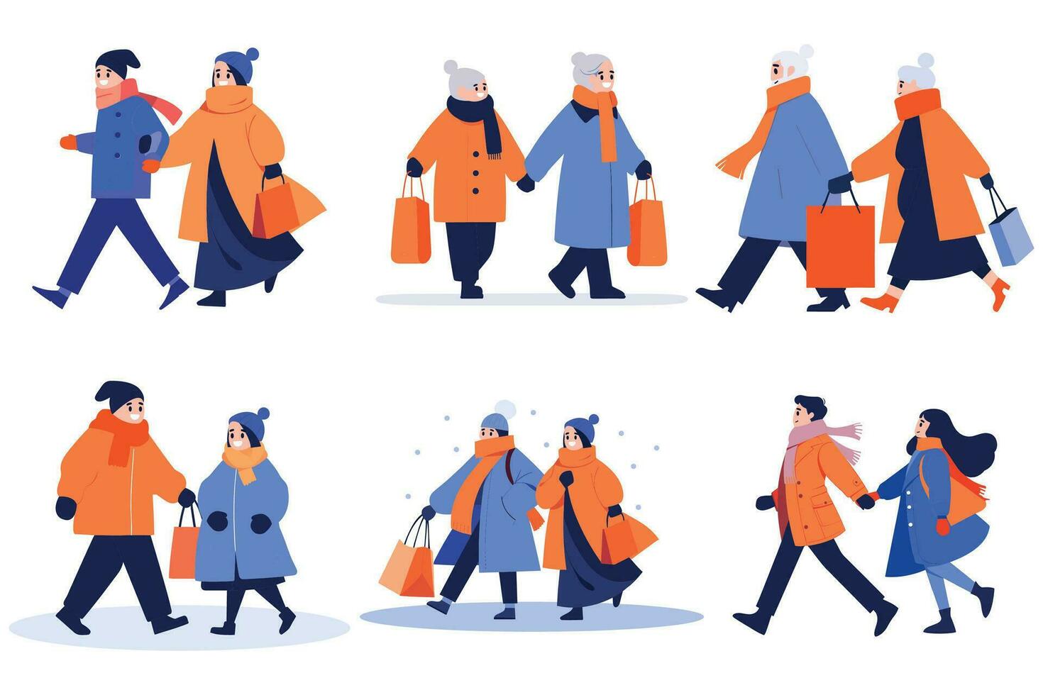 Hand Drawn couple wearing winter clothing walks on a path filled with snow in flat style vector