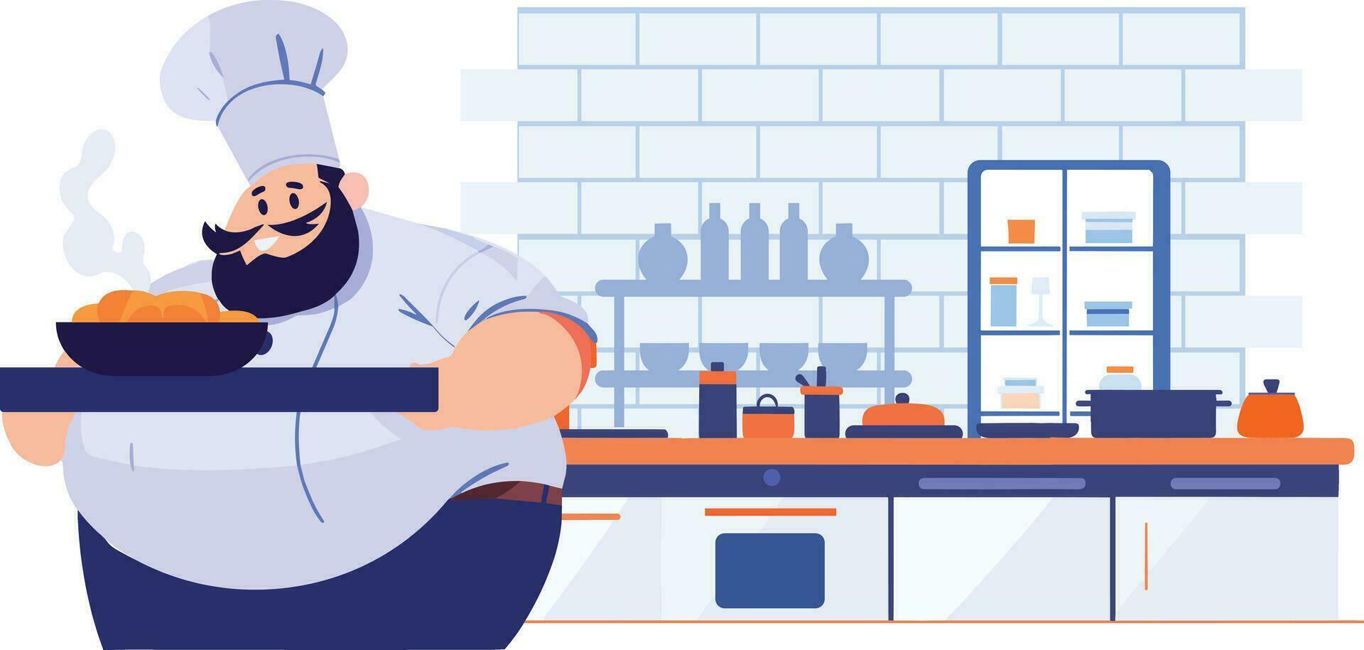 Hand Drawn Chef is cooking in the kitchen in flat style vector