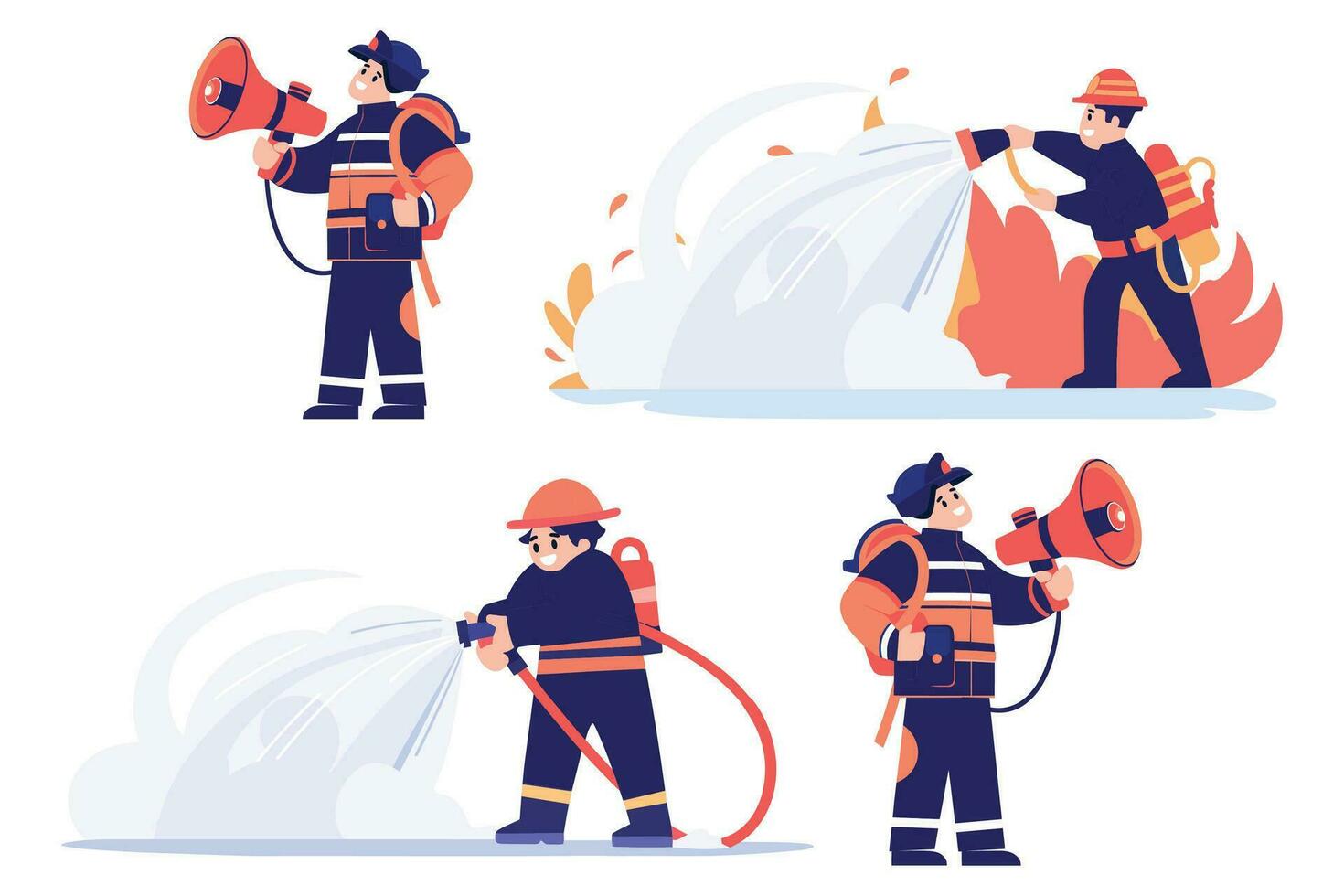 mano dibujado bombero personaje extinguir fuego en plano estilo vector