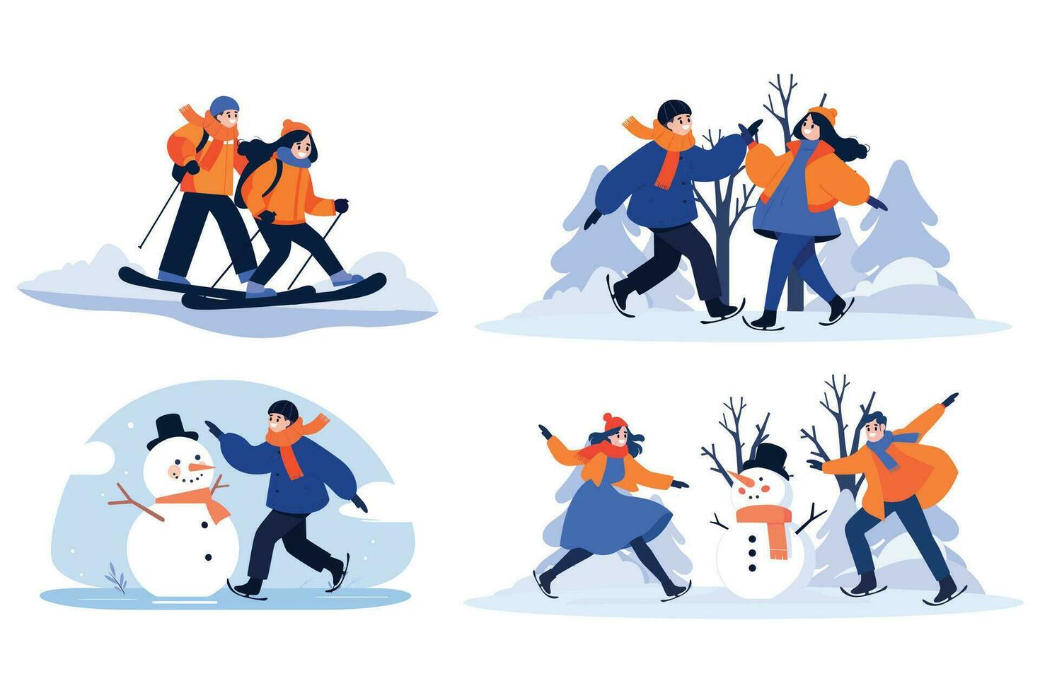 Hand Drawn couple character playing ice skating in winter in flat style vector