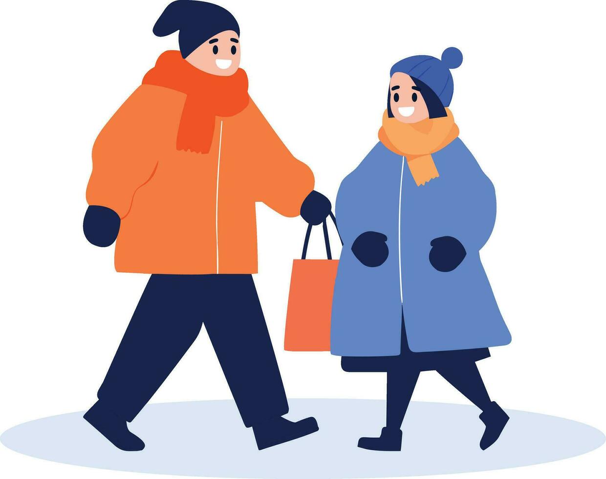 Hand Drawn couple wearing winter clothing walks on a path filled with snow in flat style vector