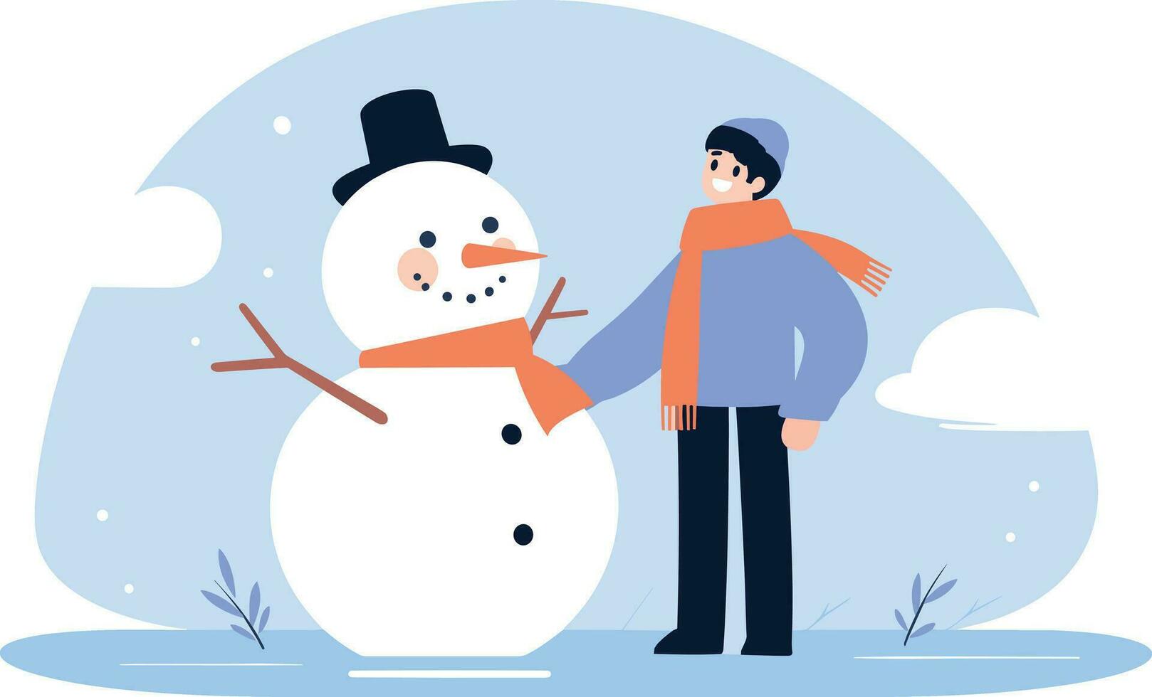 Hand Drawn Child character playing with snowman in winter in flat style vector