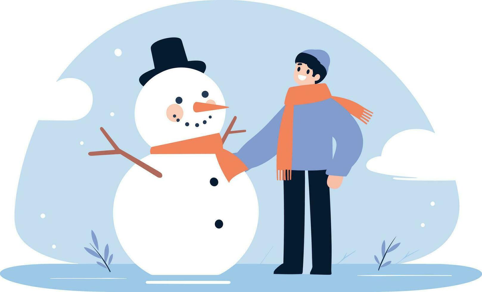 mano dibujado niño personaje jugando con monigote de nieve en invierno en plano estilo vector