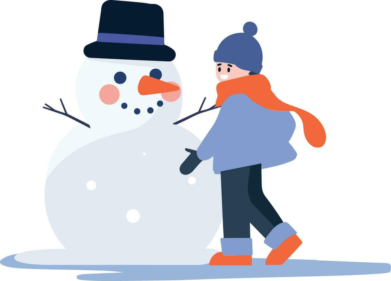 mano dibujado niño personaje jugando con monigote de nieve en invierno en plano estilo vector