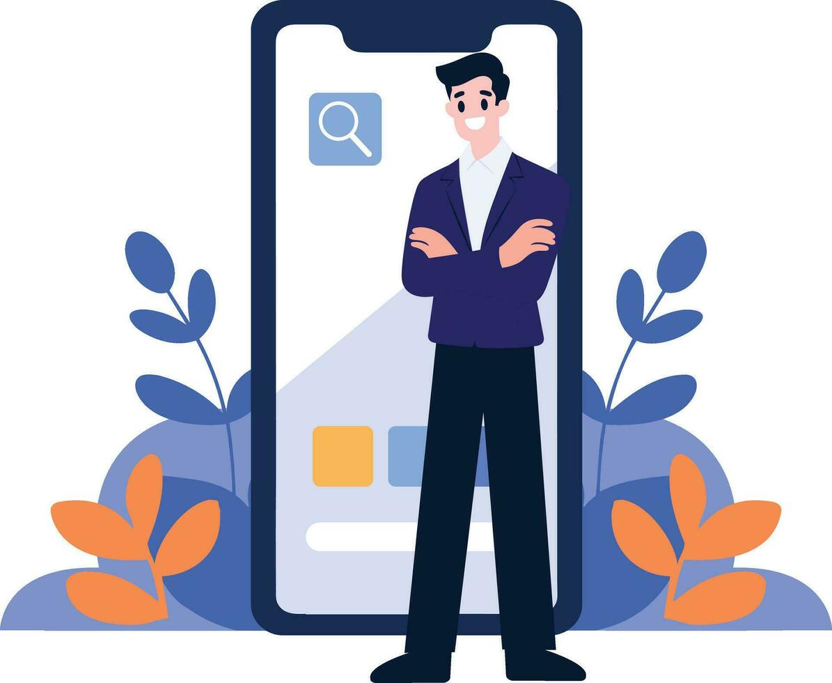 Hand Drawn Businessman with smartphone in online business concept in flat style vector