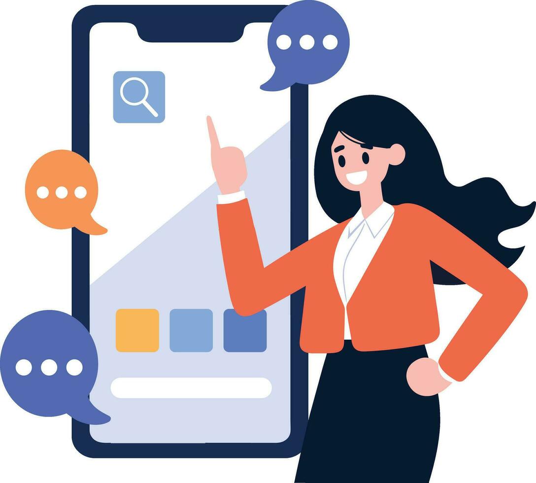 Hand Drawn Business woman with smartphone in online business concept in flat style vector