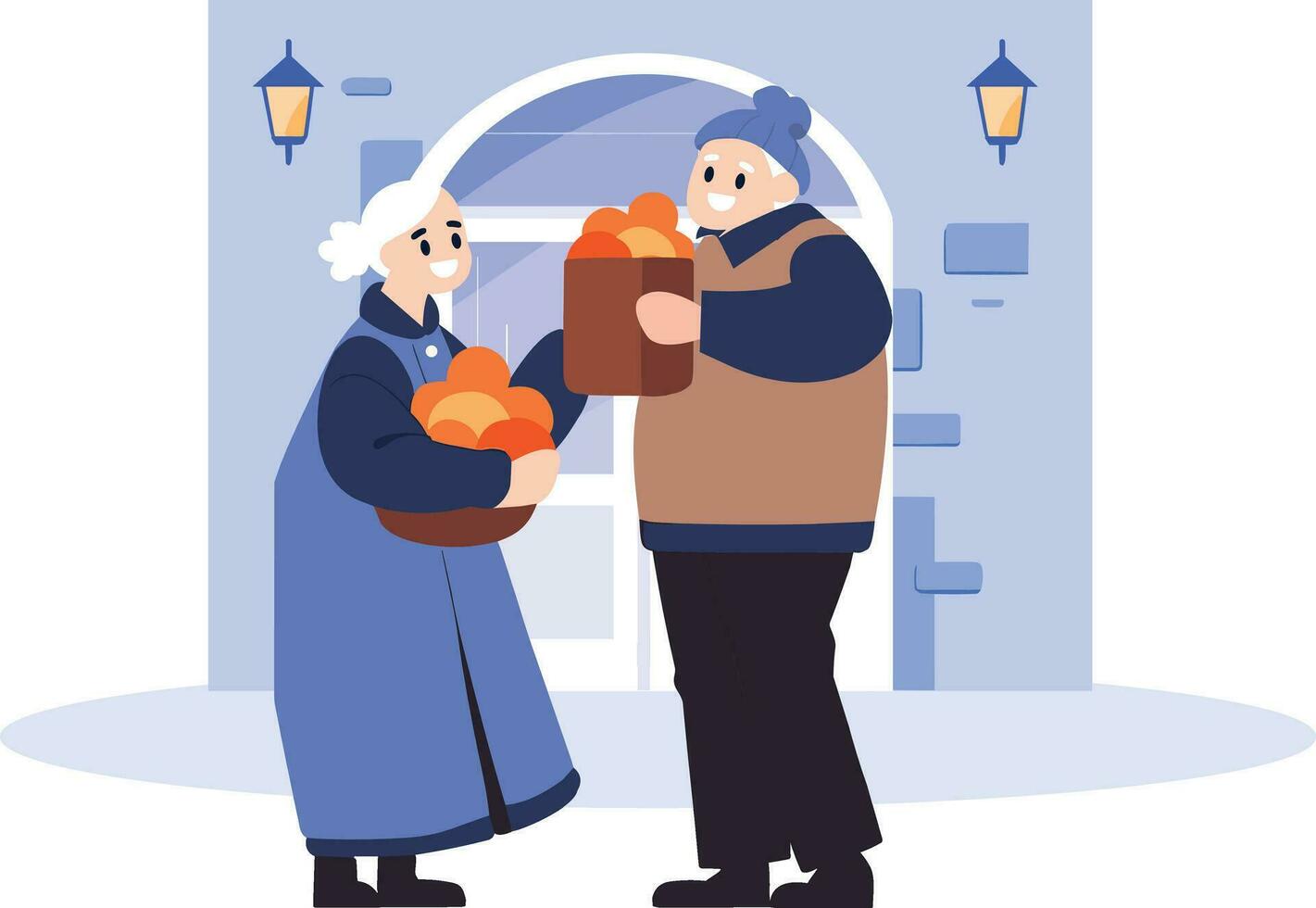 Hand Drawn Elderly people talking in front of the house in flat style vector