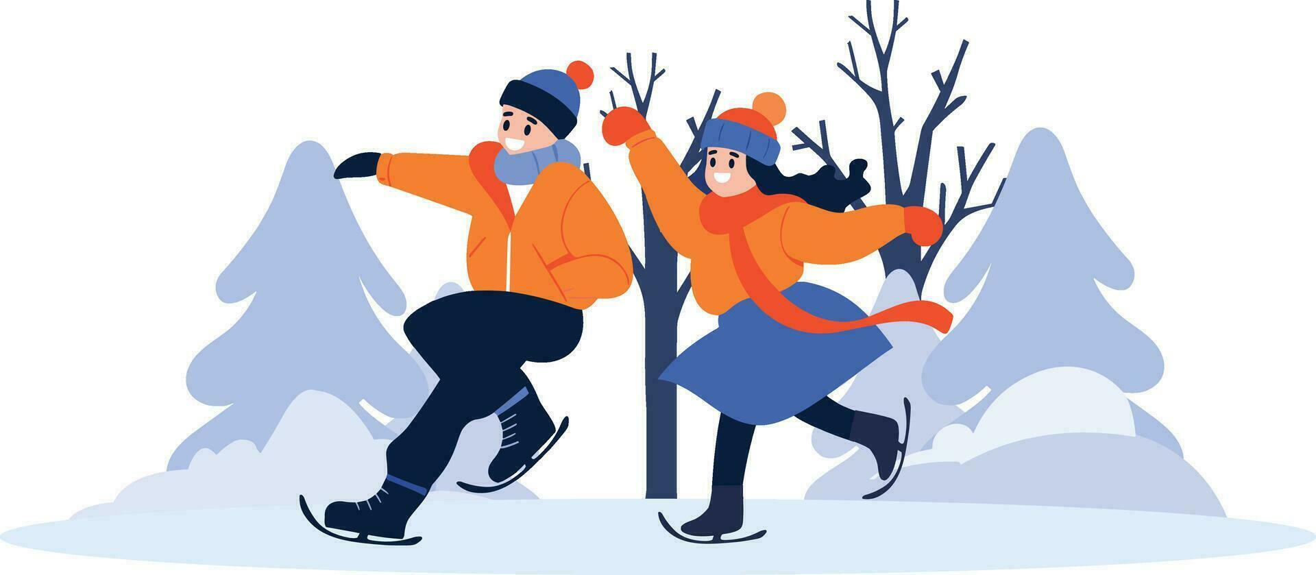 Hand Drawn couple character playing ice skating in winter in flat style vector