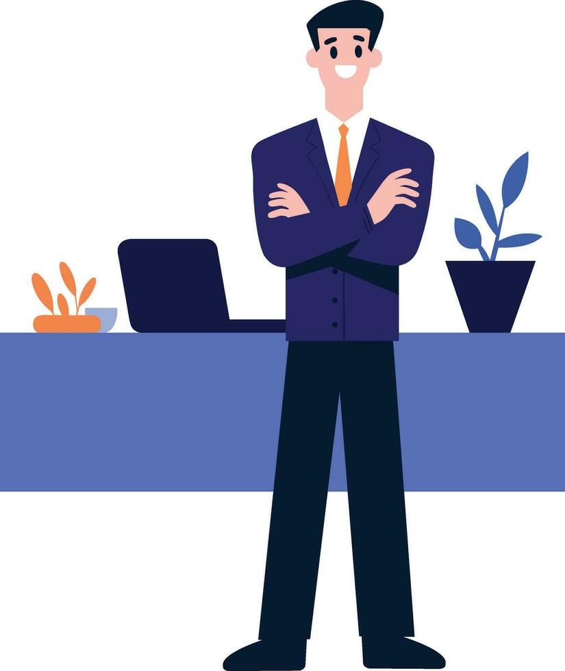 Hand Drawn Businessman or office worker character with laptop in flat style vector