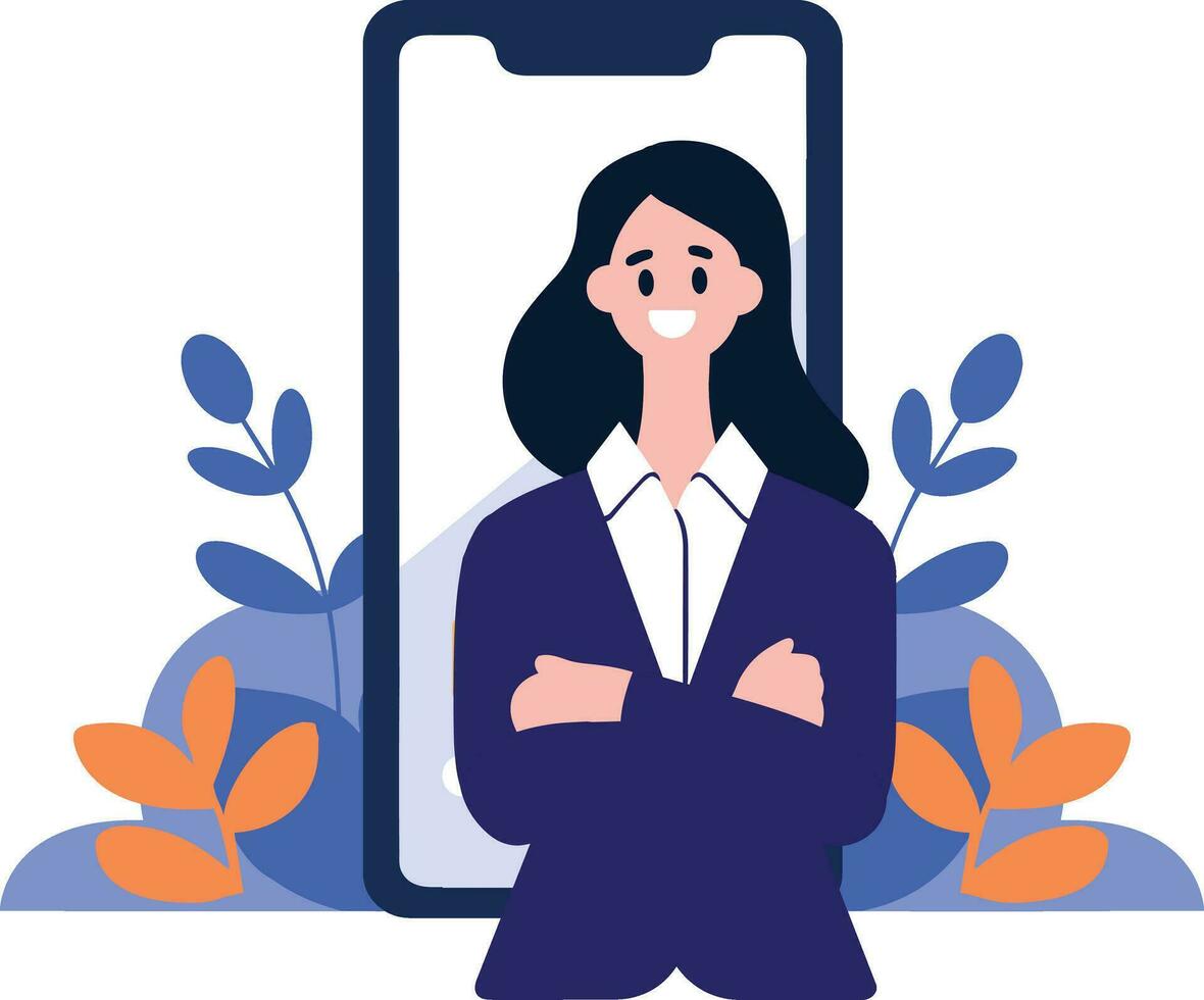 Hand Drawn Business woman with smartphone in online business concept in flat style vector